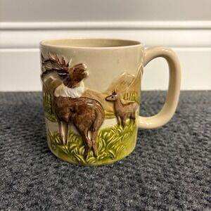 Otagiri Embossed Elk Ceramic Coffee Mug Vintage Japanese Pottery Brown Green
